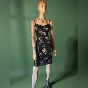 VINTAGE BCBG SEXY FITTED FLORAL BLACK SLIP DRESS SIZE XS